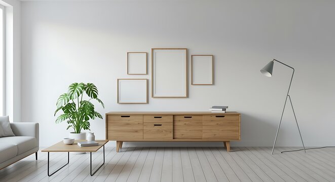 Modern Living Room Interior with Monstera Plant Frame Mockups and Wooden Furniture Minimalist Scandinavian Style