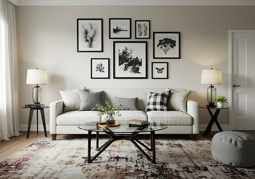 Modern Living Room Interior with Stylish Furniture and Black and White Wall Art Creates a Cozy Home Environment