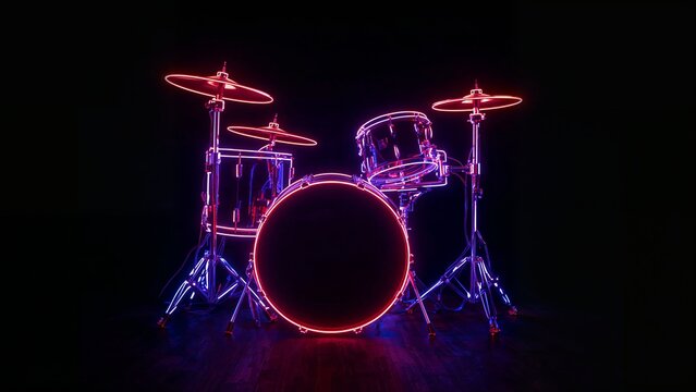 Neon-lit drum kit glowing with pink and blue LED outlines in rehearsal studio, complete kit display - Powered by Adobe