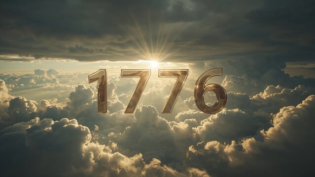 Floating metallic numeral “1776” hovering above layered clouds at high altitude, with sunburst rays
