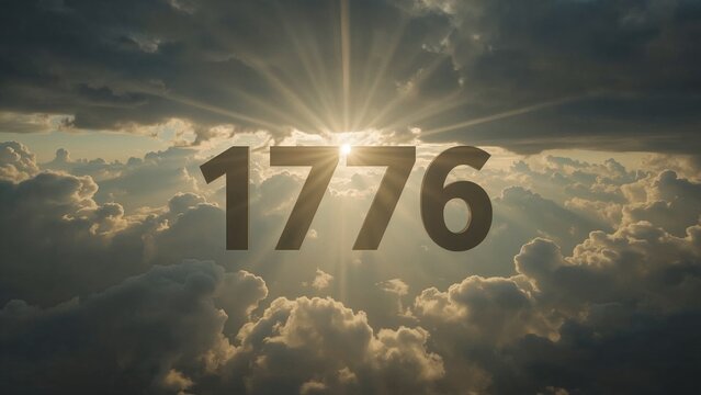 Floating bold numeric text 1776 shining through layered clouds at high altitude, with sunrise rays - Powered by Adobe