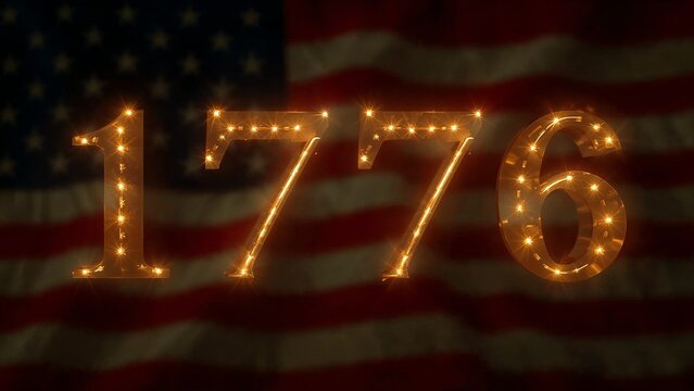 Sparkling golden digits forming 1776 hovering in front of blurred American flag, patriotic theme