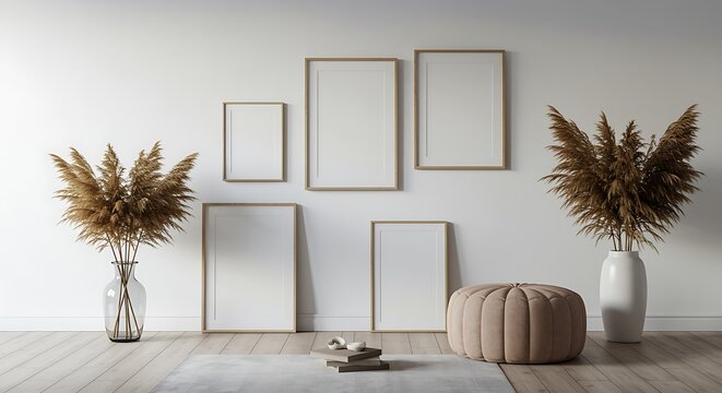 Stylish Home Interior with Blank Frames for Mockup Showcase and Pampas Grass Accents Promoting Scandinavian Design and Neutral Color Palette