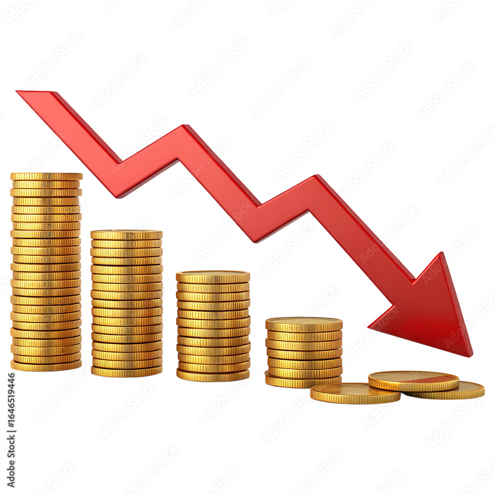 Poster financial downturn depicted with stacked coins and a declining red arrow on a transparent backdrop i