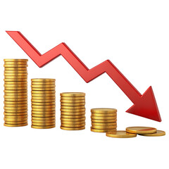 Financial Downturn Depicted with Stacked Coins and a Declining Red Arrow on a Transparent Backdrop Illustrating Economic Recession and Loss