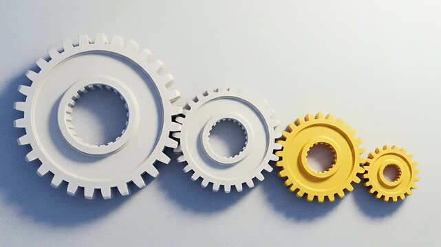 Four interlocking gears of varying sizes and colors