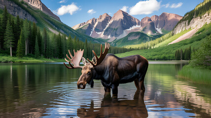 Majestic Moose Standing in a Mountain Lake Surrounded by Scenic Wilderness