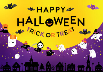 ハロウィンのポップでかわいい、夜空背景 ( フレーム 見出し タイトル ハロウィーン セール チラシ 月 街並み お化け カボチャ お化け ゴースト コウモリ )