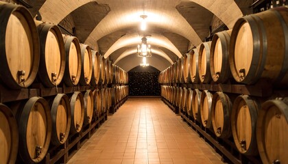 Wine cellar, oak barrels, vaulted ceiling
