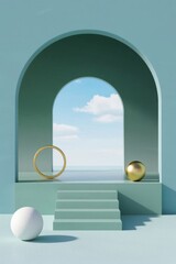 Minimalist architectural scene with geometric shapes and a view of the sea through an archway