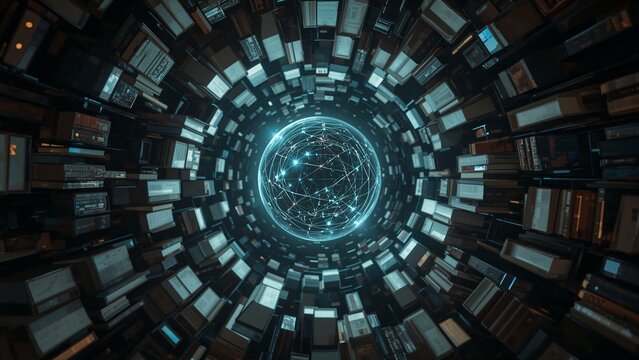 Rotating network sphere glowing inside virtual archive, with floating books and data slabs