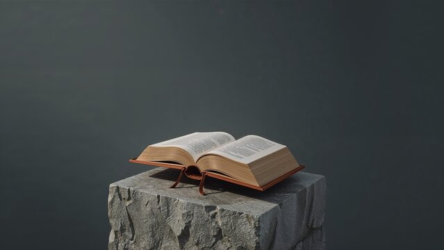 Showcasing open hardcover book resting on rough-hewn stone block pedestal in studio - Powered by Adobe