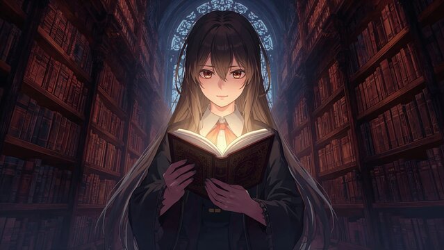 Reading anime girl wearing robe in gothic library, with glowing book, stained glass window, shelves - Powered by Adobe