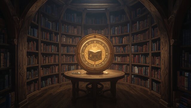Glowing circular artifact with runic symbols resting on table in library with scrolls, closed book - Powered by Adobe
