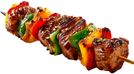 Succulent grilled meat and vegetable skewer with glistening marinade, cut out transparent
