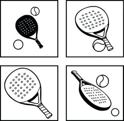 Four square panels displaying black and white line art illustrations of padel rackets and balls in various arrangements.