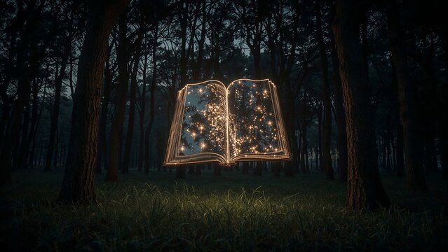 Glowing open book outline hovering above grass in forest clearing, with floating golden sparks