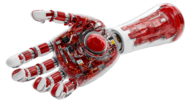 Transparent robotic hand with visible internal circuitry and red components, cut out transparent