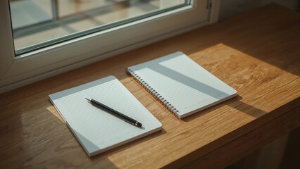 Pair of lined notepads and pen resting on wooden desk under window frame, sunlight casting shadows