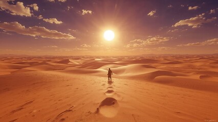 Walking lone traveler leaving deep footprints across remote desert dunes, with glowing sun