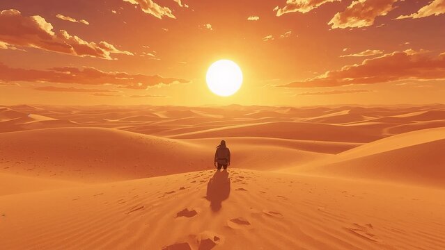 Kneeling hiker wearing boots gazing toward sun on sand dune at dusk, with backpack and footprints