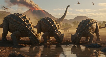 A group of ankylosaurus dinosaurs drinking water with a volcano and other pterodont and brachiosaurus dinosaurs in the background