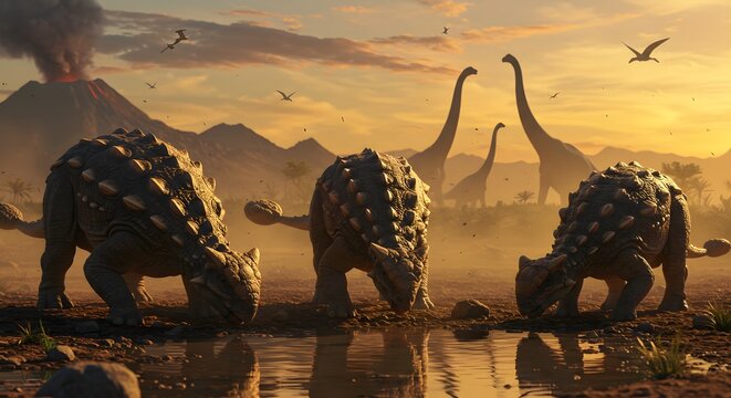 Three ankylosaurus dinosaurs drinking water in a prehistoric landscape with sauropods and volcano scene