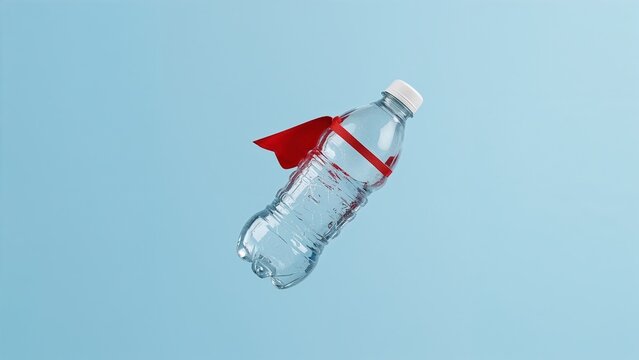 Clear water bottle with white cap and red elastic band floating in studio, wearing red cape - Powered by Adobe