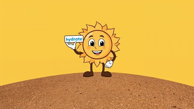 Holding hydrate sign, sun character with white gloves and brown boots standing on cracked earth - Powered by Adobe