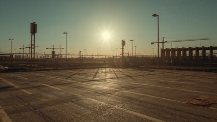 Glowing sun casting long shadows on flat paved surface, with lampposts, tower cranes and fencing