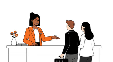 Hotel receptionist assisting a couple checking in at the front desk area today