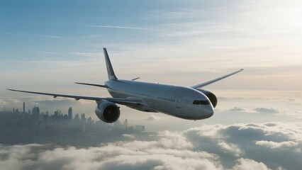 Obraz premium Airplane flying above the clouds with a city skyline in the background