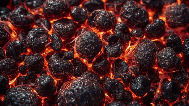 Displaying fiber-coated black spheres filling magma ground, with glowing red fissure network - Powered by Adobe