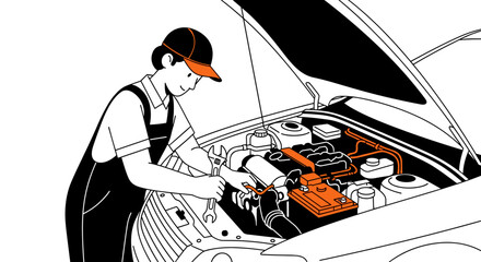 Obraz premium Mechanic working on car engine with open hood using wrench and jumper cables