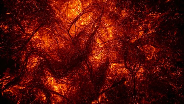 Pulsating mass of glowing filaments swirling in furnace interior, with molten embers and hotspots - Powered by Adobe