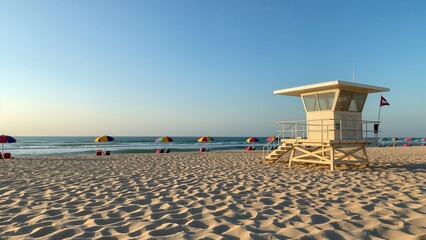 White wooden lifeguard tower standing on sandy beach, with multiple colourful umbrellas, copy space