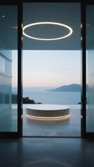 Fototapeta premium Modern interior with circular light fixture and ocean view through large glass doors