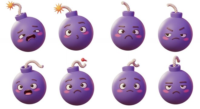 Cartoon purple bomb set with various facial expressions - Powered by Adobe
