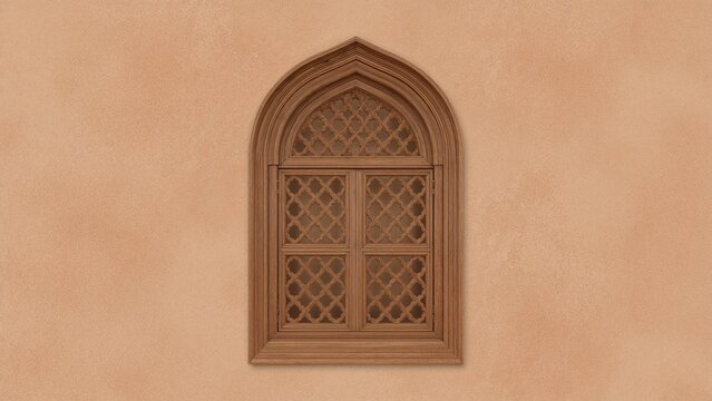 Displaying ornate arched wooden lattice window adding depth to exterior tan plaster wall, fretwork - Powered by Adobe