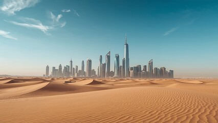 Displaying cluster of modern skyscrapers rising over remote desert plain, with rippled sand dunes