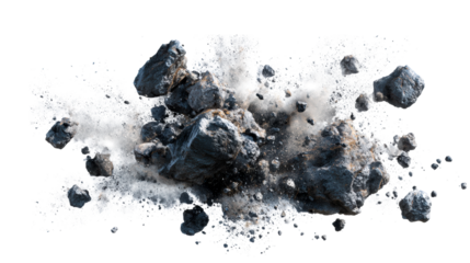 Explosion of dark grey asteroids and debris against a white background, cut out transparent
