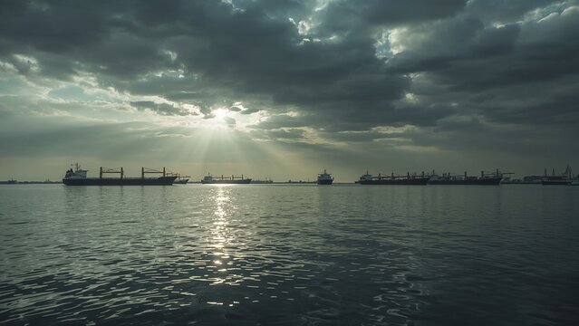 Gliding multiple cargo ships in harbor bay at dawn, reflecting muted sun rays on water surface