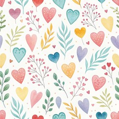 Watercolor hearts and leaves seamless pattern in pastel colors love