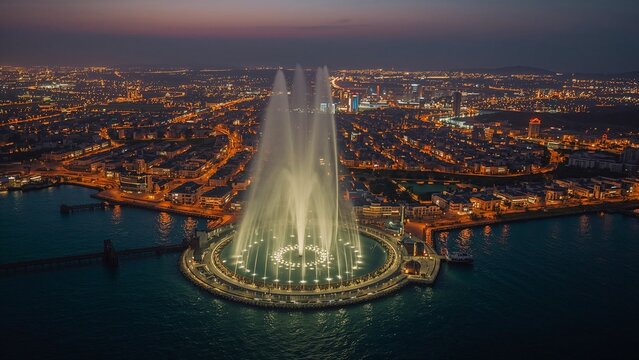 Shooting illuminated water jets from circular fountain platform at coastal harbor, with causeway - Powered by Adobe