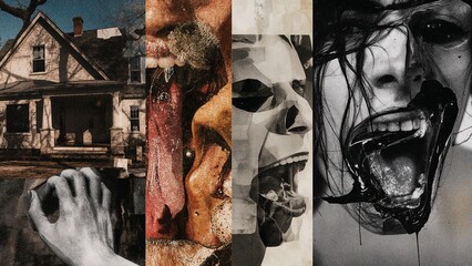 Depicting collage on studio backdrop, featuring wooden house, mossy face, tongue and dark fluid