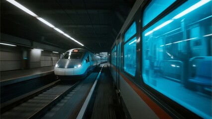 Fototapeta premium Modern trains at a station platform under bright lighting