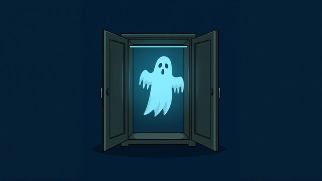 Floating glowing blue ghost inside open gray wardrobe, with hanging rod and fluorescent light bar - Powered by Adobe