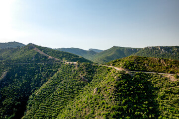 Drone aerial view of a winding road amidst the lush green Supram