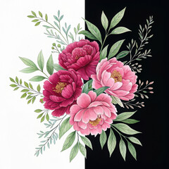 Watercolor peonies in pink and magenta with green leaves on split white and black background