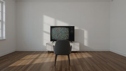 Sitting gray armchair facing CRT television at home with hardwood floor, with window light patches